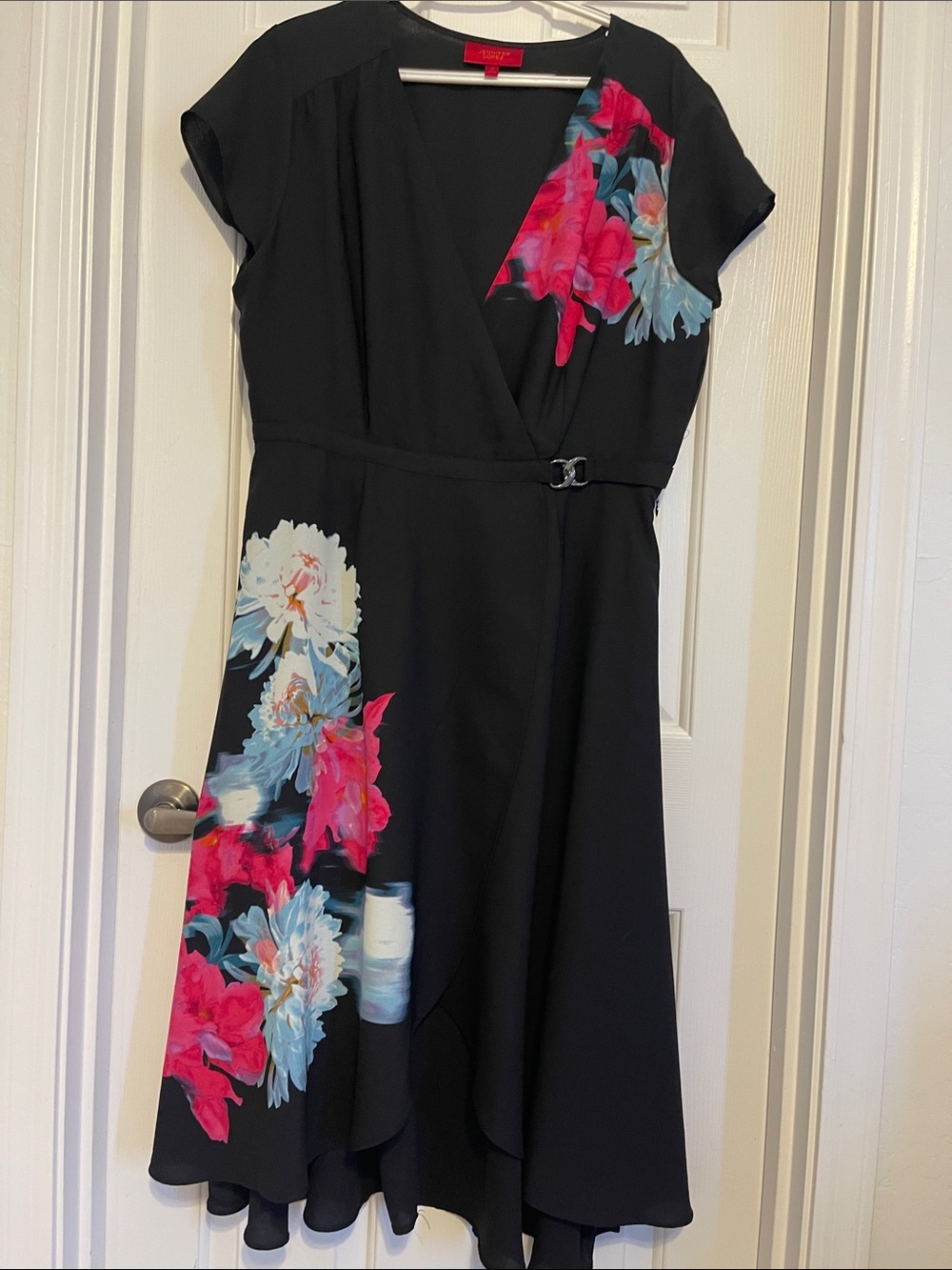 Jennifer Lopez Black High-Low Wrap Dress with Pink and Blue Floral Accents